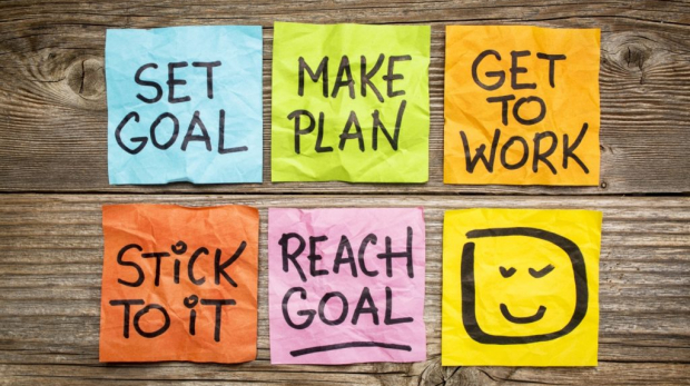 set goal, make plan, work, stick to it, reach goal - a success concept presented with colorful sticky notes